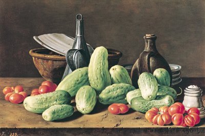 Ainda vida com pepinos e tomates de Luis Egidio Melendez